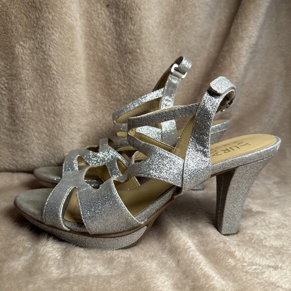 Naturalizer Metallic Silver Sparkly Glitter Open Toe Strappy Heels Women’s Sz 8M - Picture 3 of 8
